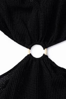 U&ME V Yaka Halkalı Bağlantı Detaylı File Örgü Pamuk Uzun Kollu Kadın Mini Plaj Elbisesi Siyah - 5