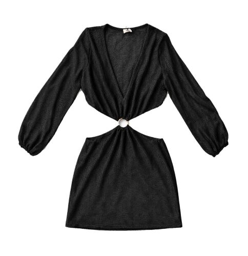 U&ME V Yaka Halkalı Bağlantı Detaylı File Örgü Pamuk Uzun Kollu Kadın Mini Plaj Elbisesi Siyah - 6