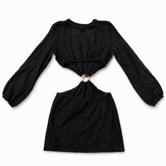 U&ME V Yaka Halkalı Bağlantı Detaylı File Örgü Pamuk Uzun Kollu Kadın Mini Plaj Elbisesi Siyah - 7