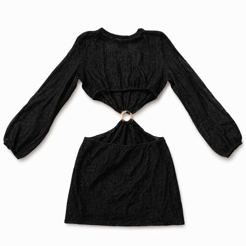 U&ME V Yaka Halkalı Bağlantı Detaylı File Örgü Pamuk Uzun Kollu Kadın Mini Plaj Elbisesi Siyah - 7