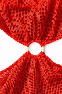 U&ME V Yaka Halkalı Bağlantı Detaylı File Örgü Pamuk Uzun Kollu Kadın Mini Plaj Elbisesi Turuncu - 5