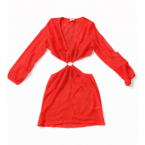 U&ME V Yaka Halkalı Bağlantı Detaylı File Örgü Pamuk Uzun Kollu Kadın Mini Plaj Elbisesi Turuncu - 6