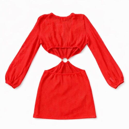 U&ME V Yaka Halkalı Bağlantı Detaylı File Örgü Pamuk Uzun Kollu Kadın Mini Plaj Elbisesi Turuncu - 7