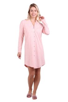 U&ME V Yaka Önden Düğmeli Uzun Kollu Yarım Boy Pamuk Rahat Kesim Gömlek Elbise Pembe - 7