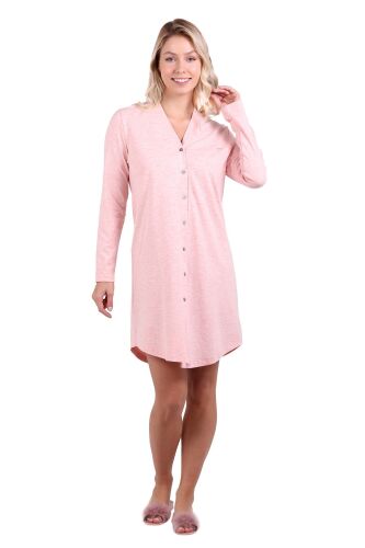 U&ME V Yaka Önden Düğmeli Uzun Kollu Yarım Boy Pamuk Rahat Kesim Gömlek Elbise Pembe - 7