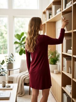 U&ME V Yaka Üç Düğmeli Uzun Kollu Kadın Gecelik Pamuk Viskon Yumuşak İnce Kumaş Diz Boyu Ev Elbisesi Bordo - 3