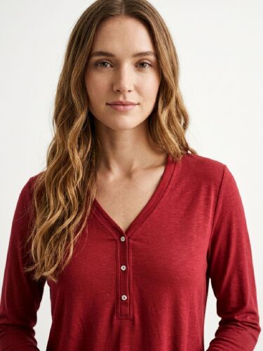 U&ME V Yaka Üç Düğmeli Uzun Kollu Kadın Gecelik Pamuk Viskon Yumuşak İnce Kumaş Diz Boyu Ev Elbisesi Bordo - 4