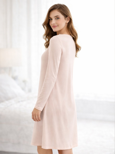 U&ME V Yaka Üç Düğmeli Uzun Kollu Kadın Gecelik Pamuk Viskon Yumuşak İnce Kumaş Diz Boyu Ev Elbisesi Somon - 3