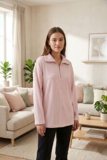 U&ME Yarım Fermuar Dik Yakalı Fitil Dokulu Yumuşak Triko Kadın Sweatshirt Şık ve Rahat Günlük Üst Toz Pembe - 3