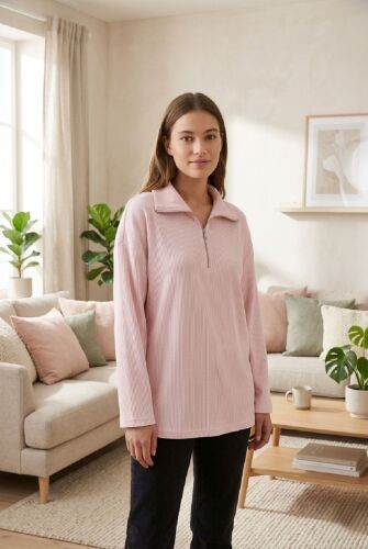U&ME Yarım Fermuar Dik Yakalı Fitil Dokulu Yumuşak Triko Kadın Sweatshirt Şık ve Rahat Günlük Üst Toz Pembe - 3