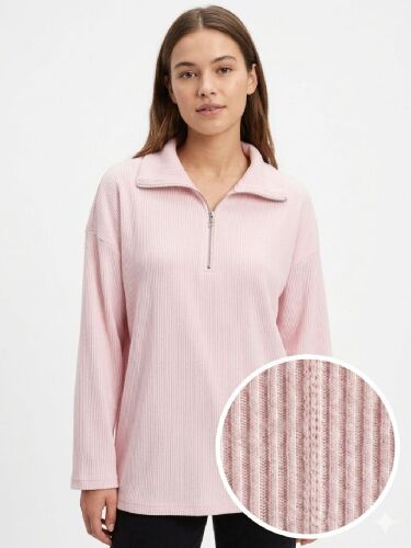 U&ME Yarım Fermuar Dik Yakalı Fitil Dokulu Yumuşak Triko Kadın Sweatshirt Şık ve Rahat Günlük Üst Toz Pembe - 4