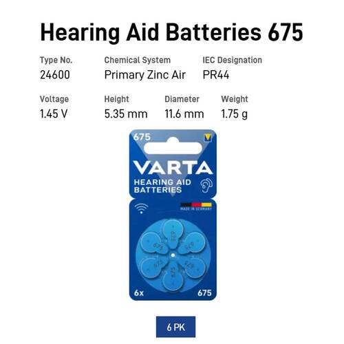 VARTA Kulaklık ve İşitme Cihazı Pili 6'lı Paket No:675